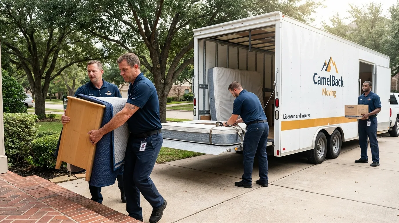 Crew loading residential truck for cross-state move from Yaphank, NY