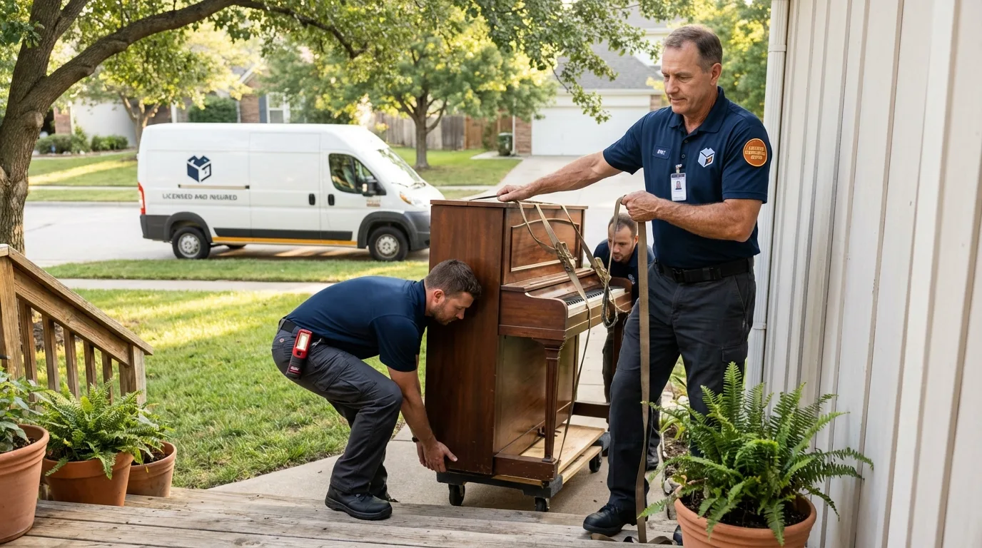 Licensed piano movers securing grand piano in Yaphank, NY