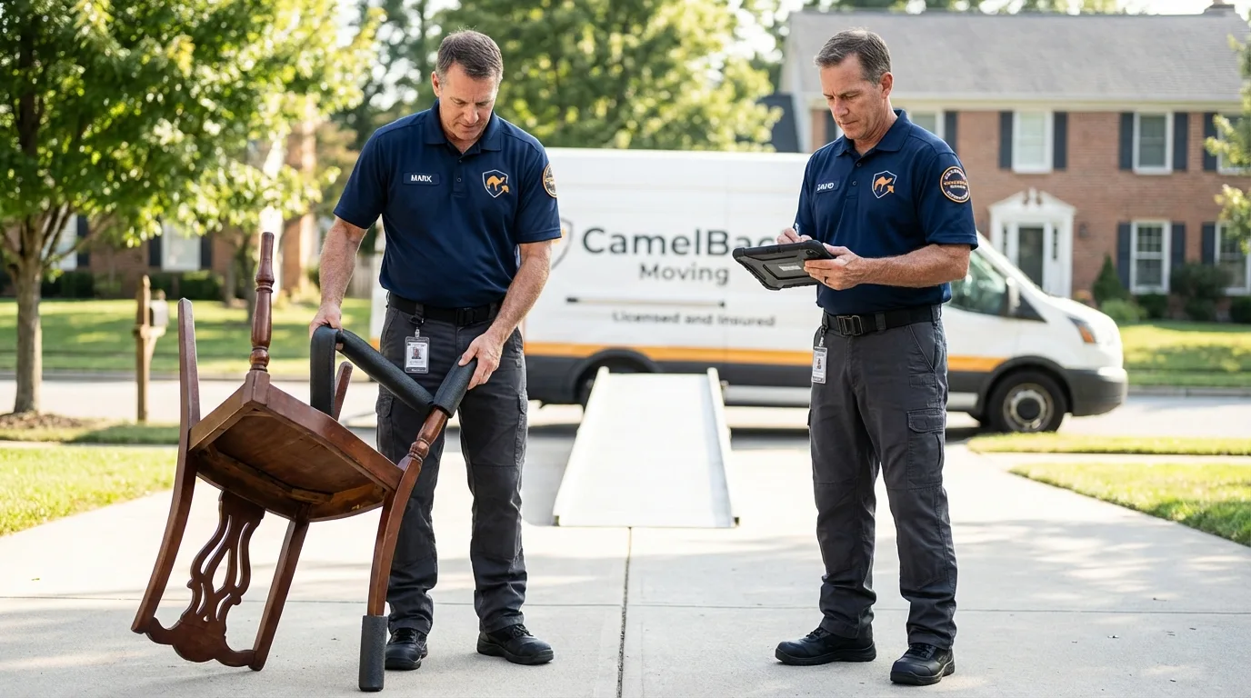 Movers inspecting furniture for damage prevention before loading in Yaphank, NY