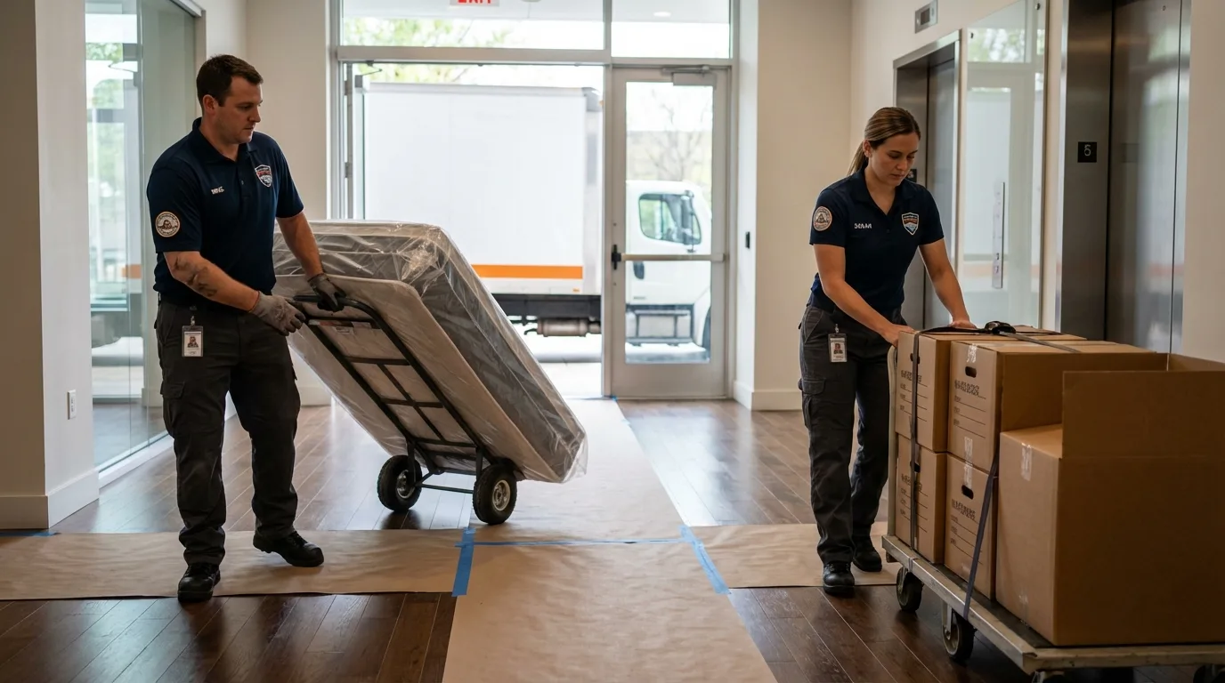 Professional apartment movers loading elevator in Yaphank, NY