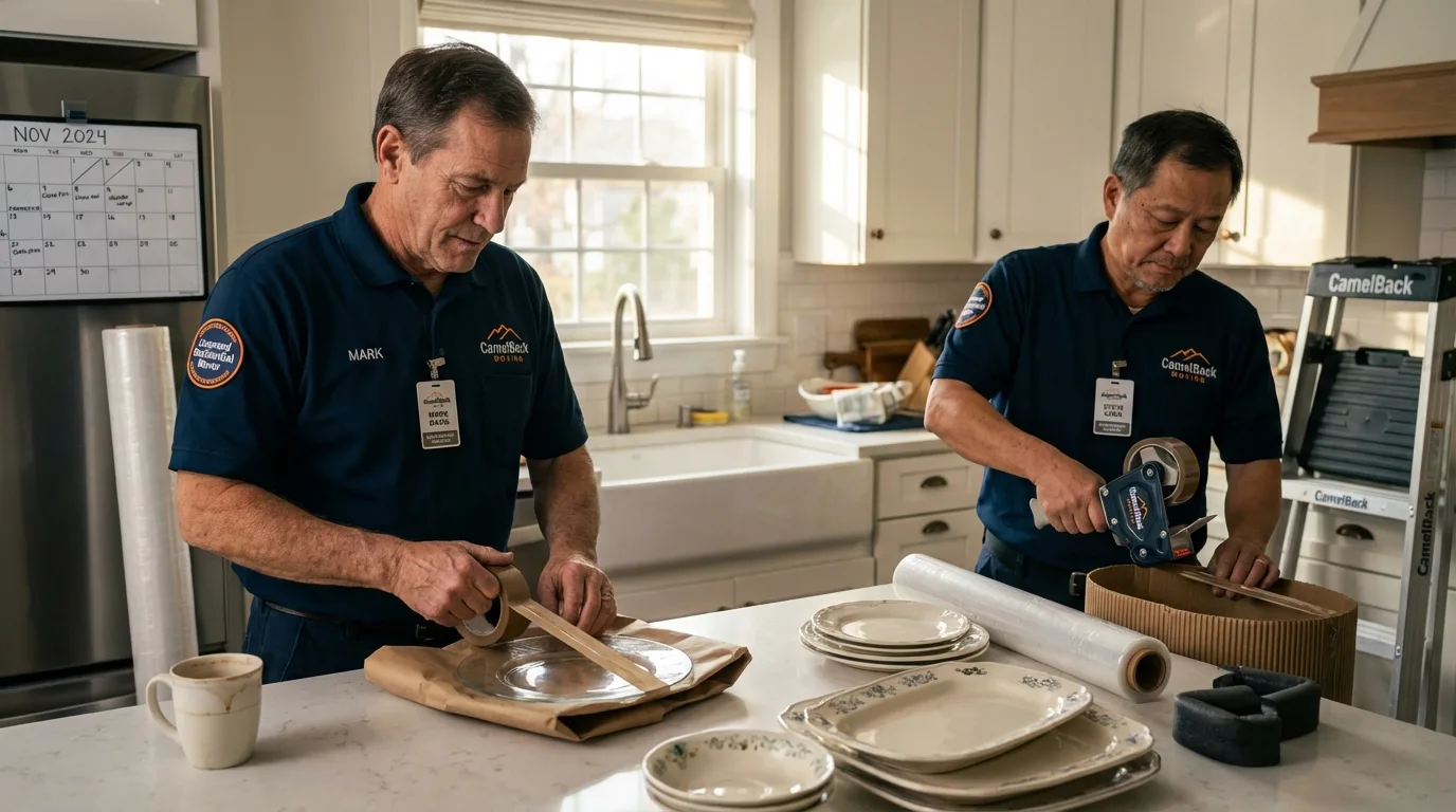 Professional crew packing kitchen dishware in Yaphank, NY